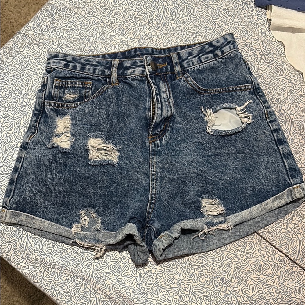SHEIN Blue Jean Shorts High-Waisted Distressed